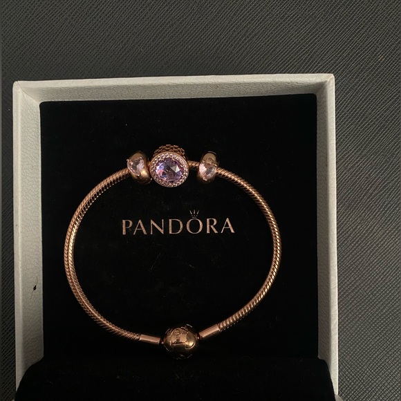 Pandora Rose Gold Snake Chain Bracelet with 3 charms - Picture 2 of 5